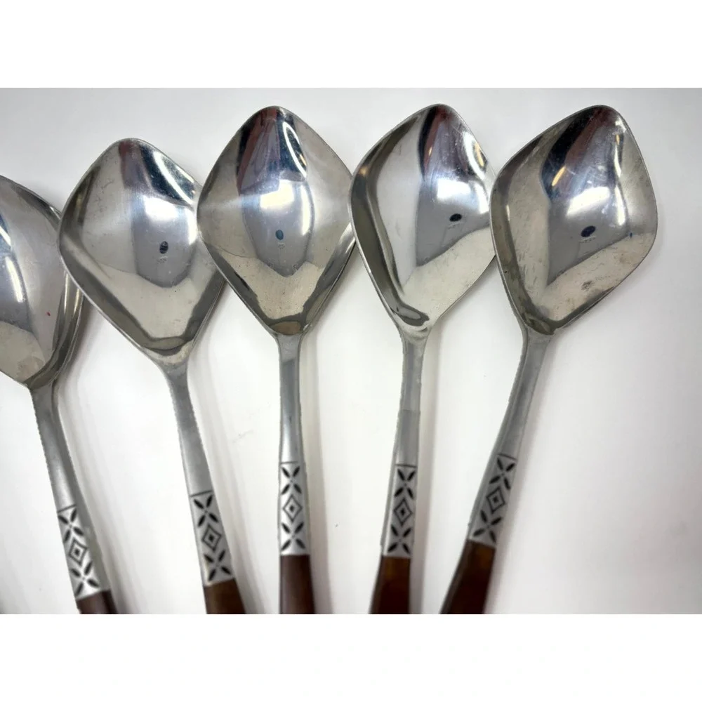 Set of 6 Epic EKCO Eterna Diamond Bowl Soup Spoons Wood Handle MCM Stainless